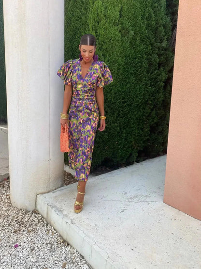 Verity™ | Colourful Dress with Pleated Sleeves